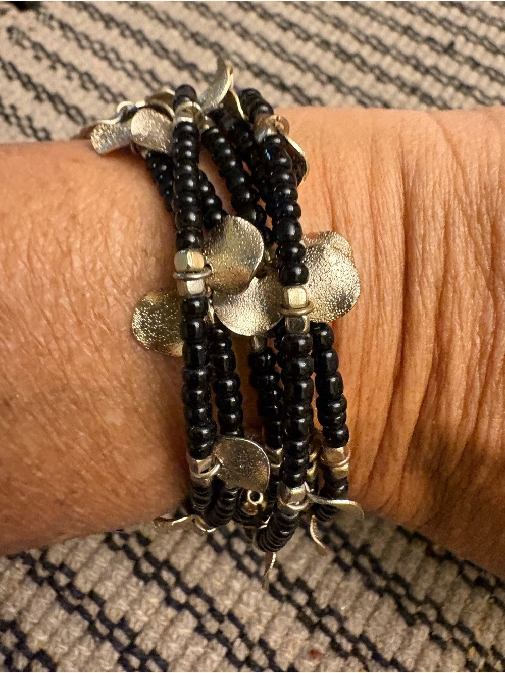 Source Unknown Black Beaded Multi-Strand Bracelet with Gold Accents